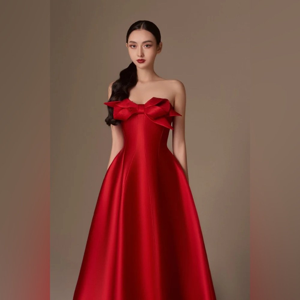 Aries Flared Bow Red Taffeta Midi Dress BELOVED